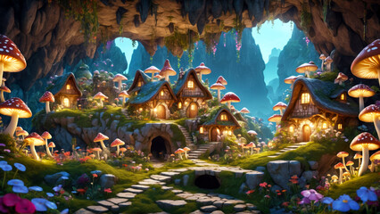 Illustration of a fantasy city inside the caves with shiny mushrooms and huts with lights on, some flowers, a stone path and blue sky in the background