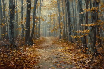 The serene autumn woodland trail, adorned with a leaf-strewn carpet, brought to life with vibrant oil hues.