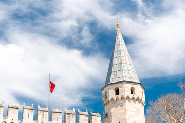 View of the walls and Topkapi Tower in Istanbul. Fragments of the Topkapi wall in Istanbul.