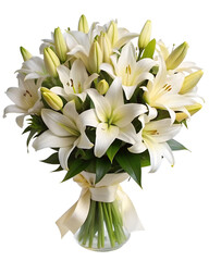A bouquet of white lilies symbolizing purity and innocence, perfect for weddings and special occasions