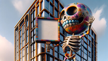 Giant skeleton holding a white mockup board in the city