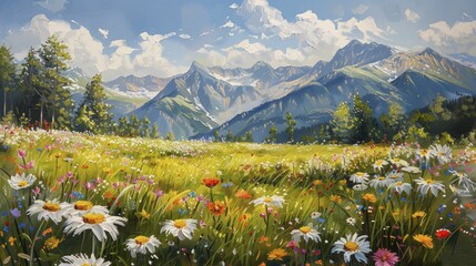 A picturesque scene of a wildflower meadow against a summer mountain backdrop, brought to life with vibrant oil paints.