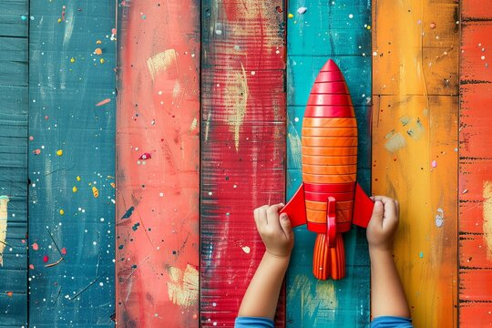 A vibrant scene capturing the spirit of creativity, featuring enthusiastic children launching a red wooden rocket into the air against brightly painted wooden planks