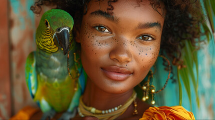 Young african woman portrait with green parrot and jewelry