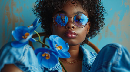 Stylish denim fashion portrait of a young african american model in glasses