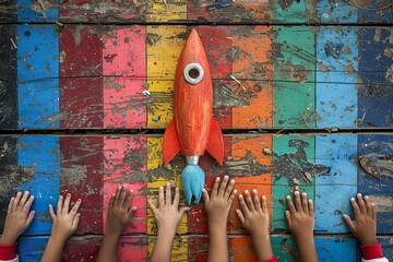 A vibrant scene capturing the spirit of creativity, featuring enthusiastic children launching a red...