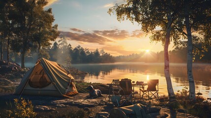 a dog sitting next to a tent and a campfire - obrazy, fototapety, plakaty