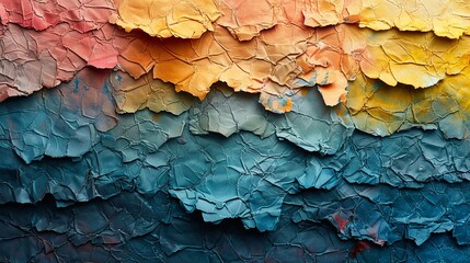 Various layers of watercolor-painted paper with torn edges. Background has an abstract texture.