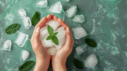 Womans Hands Holding Ice Cubes with Green Leaves on a Green Background. A woman's hands holding transparent ice cubes with fresh green leaves, placed on a wooden table. The scene is viewed from above. - Powered by Adobe