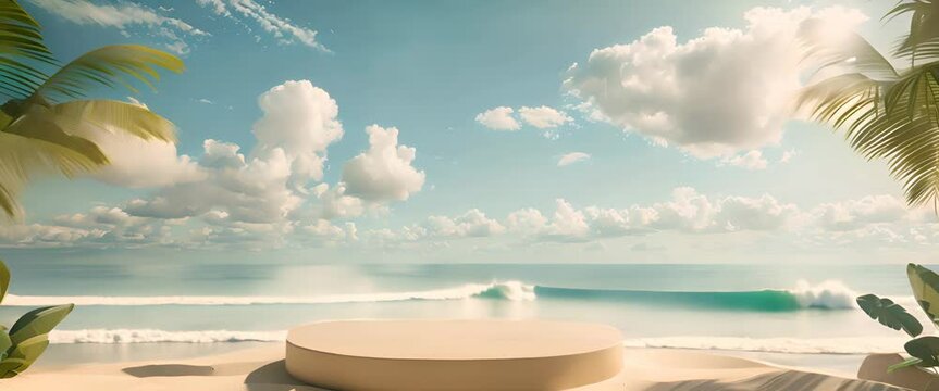 Beach podium background product summer sand display stand sea cosmetic. Product summer background podium beach sky scene presentation platform nature blue pedestal beauty water mockup stone palm sun