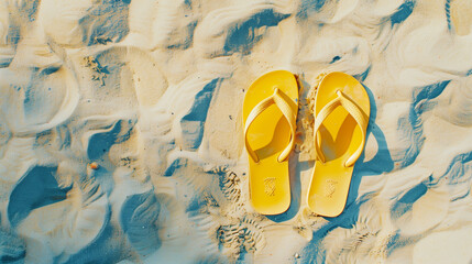 Yellow Flip Flops on Sunny Beach Sand Texture, summer concept