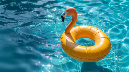 Inflatable Flamingo Pool Float on Sparkling Water, summer concept