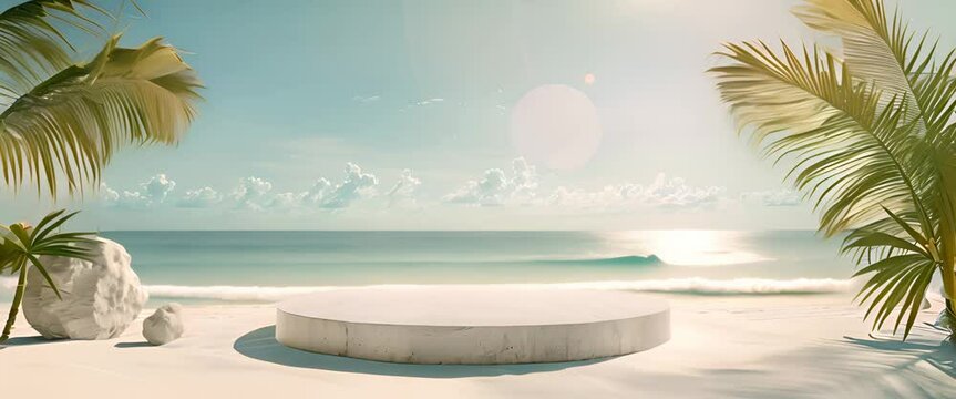 Beach podium background product summer sand display stand sea cosmetic. Product summer background podium beach sky scene presentation platform nature blue pedestal beauty water mockup stone palm sun