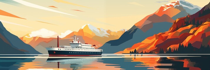 Dusk's glow on fjord, modern ferry cruising in vivid mountainous setting illustration - 780050222