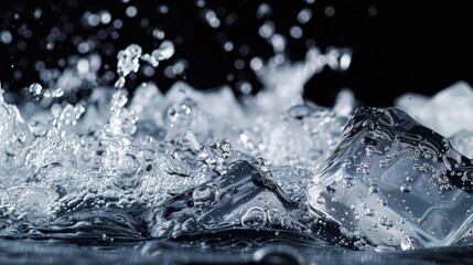 Ice cubes splashing in water on dark backdrop, perfect for refreshing drink illustrations. Transparent ice cubes floating and splashing in water with a black background, closeup view. 