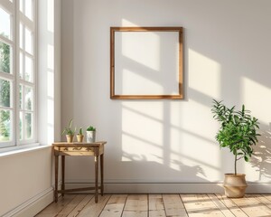 a white wall with a wood frame and a table and a plant