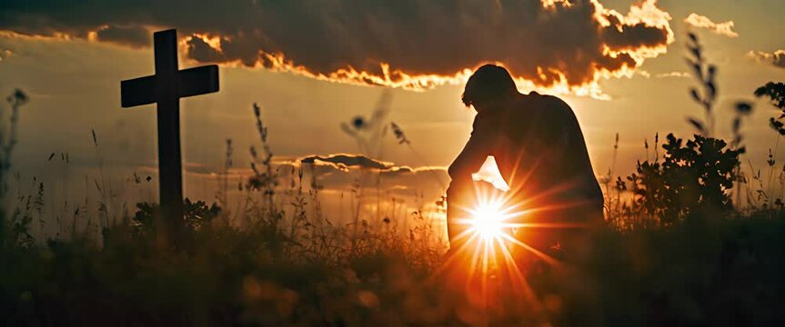 Christian man praying in front of the cross