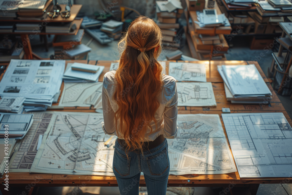 Poster a female architect designing spaces that blend functionality with aesthetics. concept of women in ar