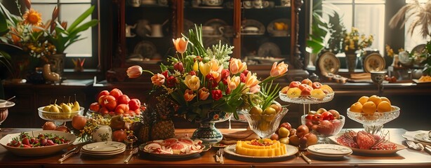 a table with fruit and flowers