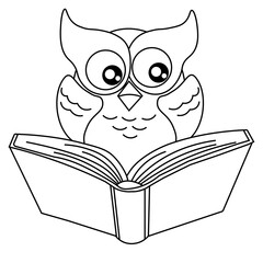 owl reading book. Kids Funny animal line art drawing PNG