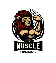 Shredded lion bodybuilder flexing muscles sports logo mascot. Gym training