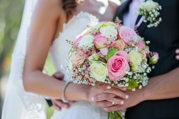 Wedding couple is holding wedding bouquet with white  roses and  and greenery in her hand. Beautiful simple AI generated image in 4K, unique. - obrazy, fototapety, plakaty