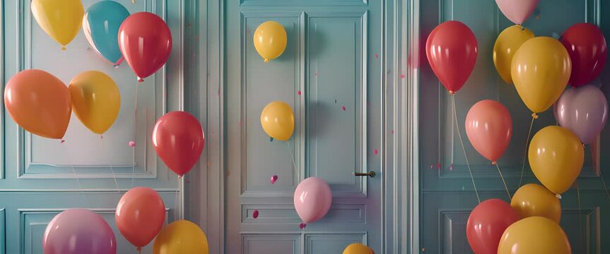 Colorful balloons floating through blue door