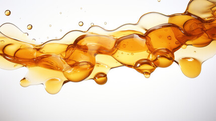 Bee honey texture, sugar syrup for your advertising. Honey drops flowing. Amber liquid on white background. Abstract bright splashes of honey close-up. Bee honey texture, sugar syrup.