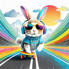 Rabbit with headphones, sunglass and skateboard on the road in the mountains	and rainbow