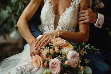 Newly married couple holding wedding bouquet. Beautiful simple AI generated image in 4K, unique. - obrazy, fototapety, plakaty