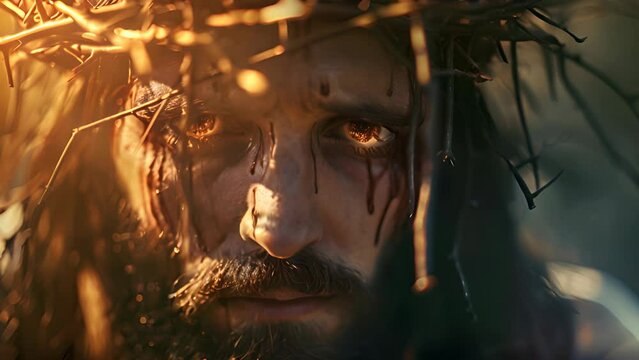 Jesus Christ in a crown of thorns with fire in his eyes looks into the camera