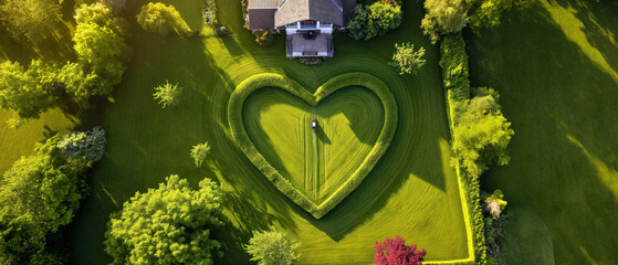 Nice green mowed lawn shaped like heart in front of house, aerial view. Generative AI