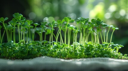 This photo shows microgreen broccoli growing on a linen mat up close.