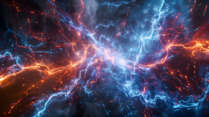 A dynamic and powerful representation of electric energy with intense red and blue colors creating a plasma effect, symbolizing power and connectivity