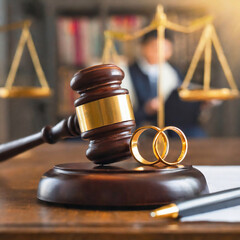 Law theme; Wedding rings, judge's gavel and scales of justice on a table in lawyer office. Marriage, separation, divorce concept