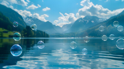 Soap bubbles gently floating over the reflective surface of a calm mountain lake with picturesque scenery