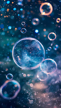 Captivating image of a soap bubble reflecting a galaxy on a deep blue starry background, evoking cosmic wonder