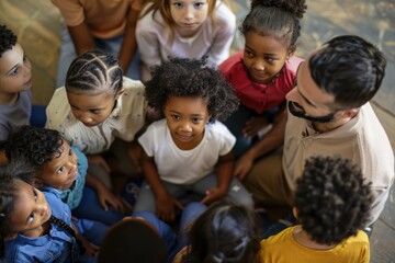 A group of diverse preschoolers gathers around teacher for a captivating storytelling session. Wonder and engagement. Top view.