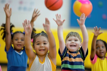 A group of young toddlers actively participating in sports activities as part of their class on physical fitness. Playing with balls.