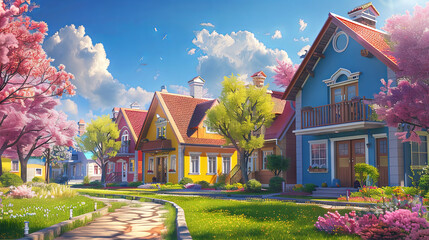 Illustration depicting vibrant, colorful houses situated alongside a beautiful park - obrazy, fototapety, plakaty