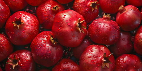 Fresh juicy pomegranate bright background design. Natural organic red fruit concept banner. Raster bitmap digital photo style illustration. AI artwork. - obrazy, fototapety, plakaty