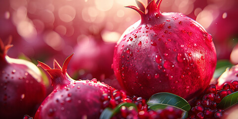 Fresh juicy pomegranate bright background design. Natural organic red fruit concept banner. Raster bitmap digital photo style illustration. AI artwork. - obrazy, fototapety, plakaty