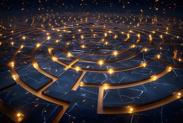 a circular maze with lights - obrazy, fototapety, plakaty