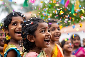Children engaging in traditional New Year games 'Avurudu Kumari' (pot-breaking), 'Kana Mutti Bindeema' (blindfolded pillow fights),  'Aliyata Ahasa Thabeema' (greased pole climbing) - obrazy, fototapety, plakaty