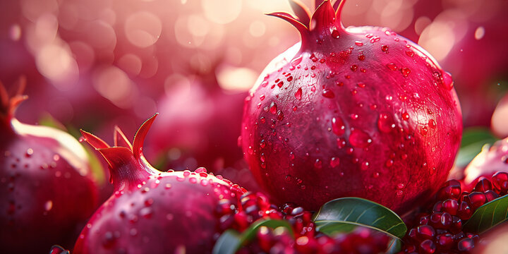 Fresh juicy pomegranate bright background design. Natural organic red fruit concept banner. Raster bitmap digital photo style illustration. AI artwork.