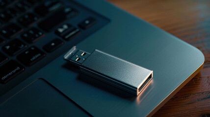 Close up of metal USB flash drive connected to laptop