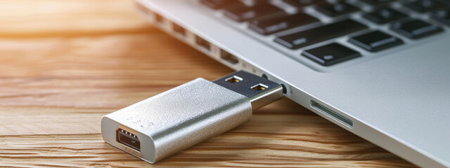 Close up of metal USB flash drive connected to laptop