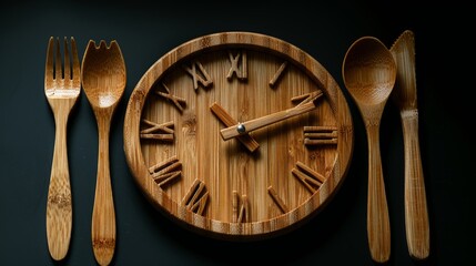 The shape of a clock is shown on the spoon and fork. The concept of intermittent fasting is shown on the spoon and fork.