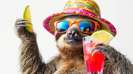 Fototapeta premium Cute sloth wearing a blooper, sunglasses and a glass of cocktail on a white background