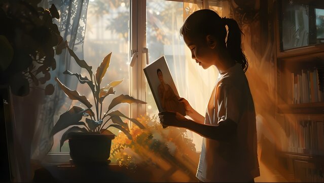 A peaceful moment as a child reads a picture book in a sun-drenched room, celebrating Mother's Day tranquility.
